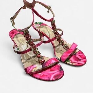 J.Renee Pink Floral Jeweled T-Strap Heels